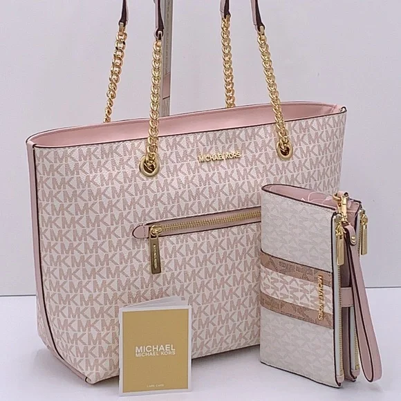 MICHAEL KORS Medium Zip Front Logo Chain Tote Bag & LARGE DOUBLE ZIP WRISTLET - Picture 3 of 16